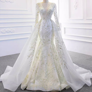 Long Sleeve Mermaid Wedding Dress with Detachable Skirt