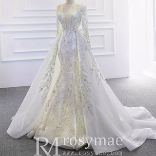 Long Sleeve Mermaid Wedding Dress with Detachable Skirt