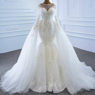 Long Sleeve Lace Mermaid Wedding Dress with Detachable Skirt