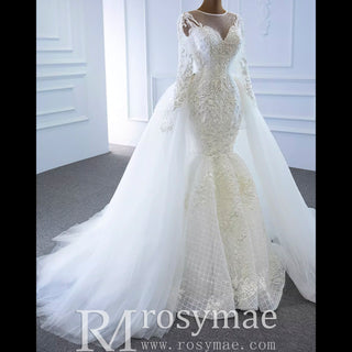 Long Sleeve Lace Mermaid Wedding Dress with Detachable Skirt