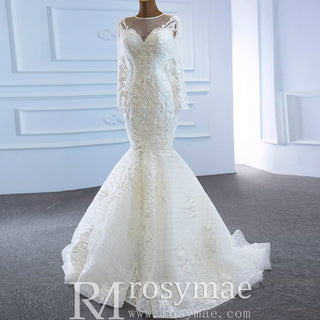 Long Sleeve Lace Mermaid Wedding Dress with Detachable Skirt