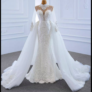 Long Sleeve Bead Pearl  High Neck Wedding Dress with Detachable Skirt