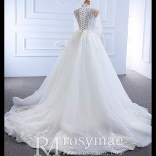 Long Sleeve Bead Pearl  High Neck Wedding Dress with Detachable Skirt