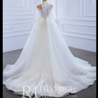 Long Sleeve Bead Pearl  High Neck Wedding Dress with Detachable Skirt