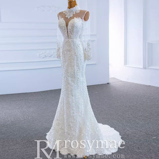 Long Sleeve Bead Pearl  High Neck Wedding Dress with Detachable Skirt