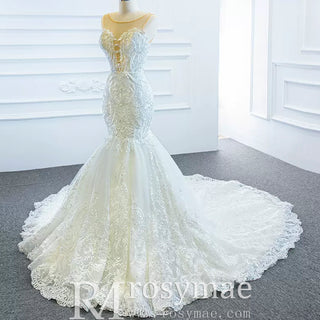 Keyhole Back Cape Wedding Dress Sheer Scoop Mermaid Bridal Gown