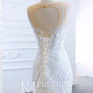 Keyhole Back Cape Wedding Dress Sheer Scoop Mermaid Bridal Gown