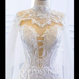 Keyhole Back Cape Wedding Dress Sheer Scoop Mermaid Bridal Gown