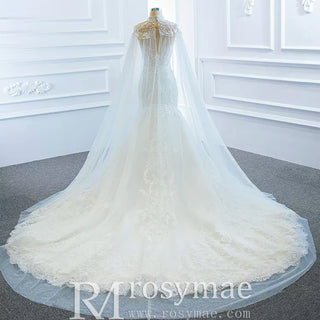 Keyhole Back Cape Wedding Dress Sheer Scoop Mermaid Bridal Gown