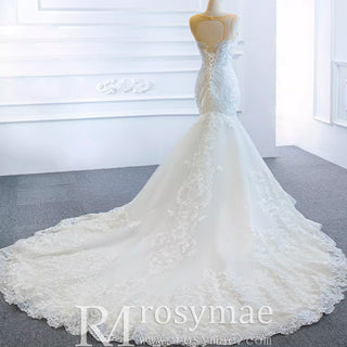 Keyhole Back Cape Wedding Dress Sheer Scoop Mermaid Bridal Gown