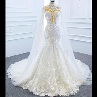 Keyhole Back Cape Wedding Dress Sheer Scoop Mermaid Bridal Gown