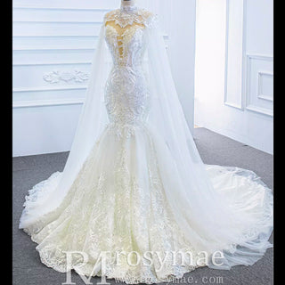 Keyhole Back Cape Wedding Dress Sheer Scoop Mermaid Bridal Gown