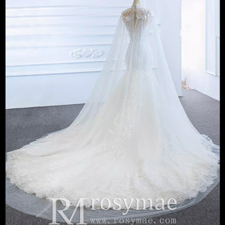 Keyhole Back Cape Wedding Dress Sheer Scoop Mermaid Bridal Gown