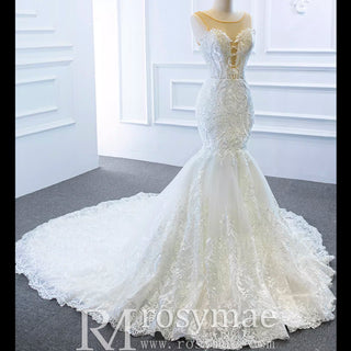 Keyhole Back Cape Wedding Dress Sheer Scoop Mermaid Bridal Gown