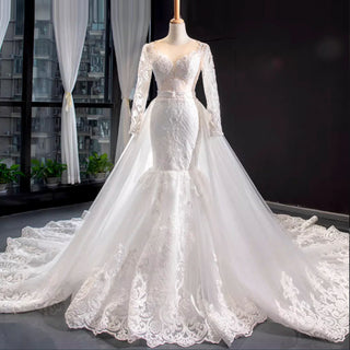 Long Sleeve Keyhole Trumpet Lace Wedding Dress with Detachable Skirt