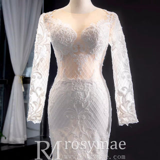 Long Sleeve Keyhole Trumpet Lace Wedding Dress with Detachable Skirt