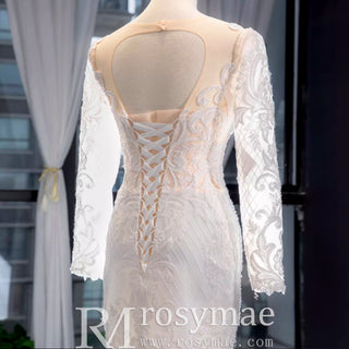 Long Sleeve Keyhole Trumpet Lace Wedding Dress with Detachable Skirt