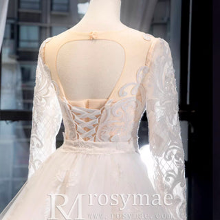 Long Sleeve Keyhole Trumpet Lace Wedding Dress with Detachable Skirt