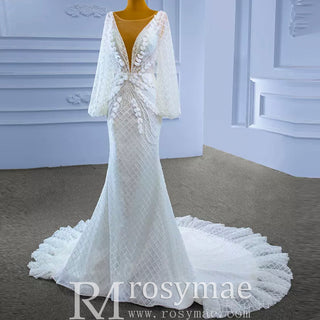 Puff Long Sleeve Mermaid Wedding Dress Modern Bridal Gown