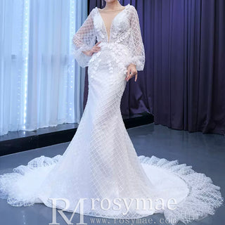 Puff Long Sleeve Mermaid Wedding Dress Modern Bridal Gown