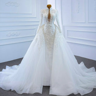 Long Sleeves Vintage High Neck Pearls Wedding Dress with Keyhole