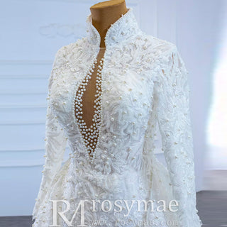 Long Sleeves Vintage High Neck Pearls Wedding Dress with Keyhole