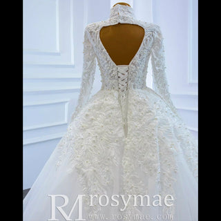 Long Sleeves Vintage High Neck Pearls Wedding Dress with Keyhole