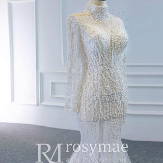 Sexy Sheer Sparkly High Neck Mermaid Wedding Dress with Long Sleeves