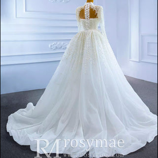 Long Sleeve High O Neck Pearl Wedding Dress with Overskirt