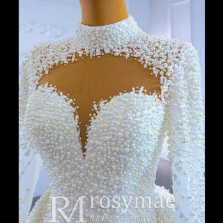 Long Sleeve High O Neck Pearl Wedding Dress with Overskirt