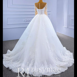 Detachable Skirt Vintage Beaded Lace Wedding Dress with Long Sleeves