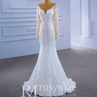 Detachable Skirt Vintage Beaded Lace Wedding Dress with Long Sleeves