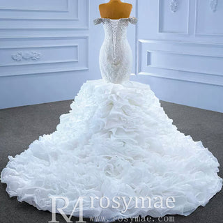 Luxury Off the Shoulder Trumpet Wedding Dress Ruffled Skirt Bridal Gown