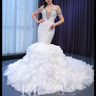 Luxury Off the Shoulder Trumpet Wedding Dress Ruffled Skirt Bridal Gown