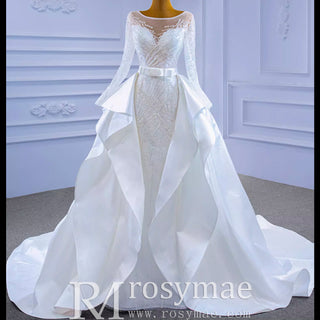 Long Sleeve Beaded Wedding Dress with Detachable Skirt