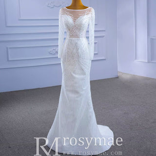 Long Sleeve Beaded Wedding Dress with Detachable Skirt