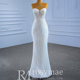 Robe de mariée sirène à col en cœur avec gaine perlée et jupe amovible