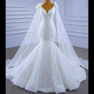 Vneck Floral Lace Mermaid Wedding Dress with Cape Sleeves