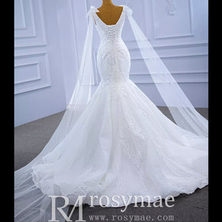 Vneck Floral Lace Mermaid Wedding Dress with Cape Sleeves