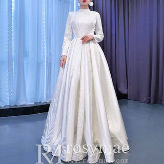 Long Sleeve Beaded Satin Muslim Wedding Dress with High Neck