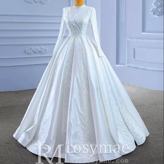 Long Sleeve Beaded Satin Muslim Wedding Dress with High Neck