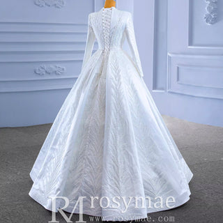 Long Sleeve Beaded Satin Muslim Wedding Dress with High Neck