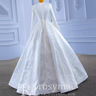 Long Sleeve Beaded Satin Muslim Wedding Dress with High Neck