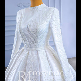 Long Sleeve Beaded Satin Muslim Wedding Dress with High Neck