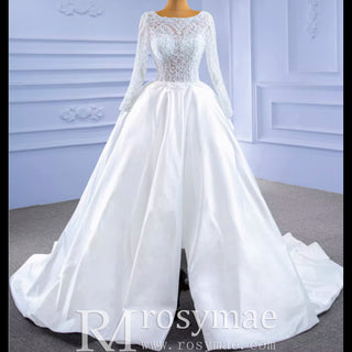 Long Sleeve Beaded Satin Wedding Dress with Front Slit