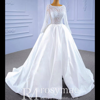 Long Sleeve Beaded Satin Wedding Dress with Front Slit