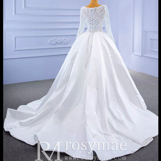 Long Sleeve Beaded Satin Wedding Dress with Front Slit