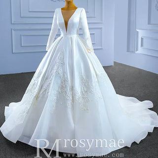 Modest Satin Wedding Dress Beaded Long Sleeve Ball Gown