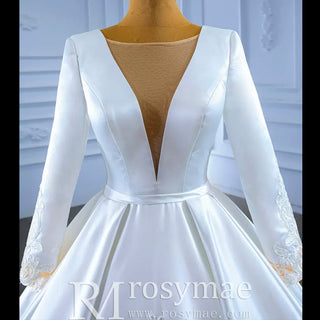 Modest Satin Wedding Dress Beaded Long Sleeve Ball Gown