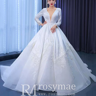 Modest Satin Wedding Dress Beaded Long Sleeve Ball Gown